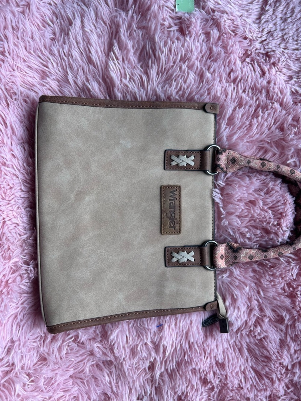 Wrangler Beige Tote with Brown Trim and Patterned Pink Handles